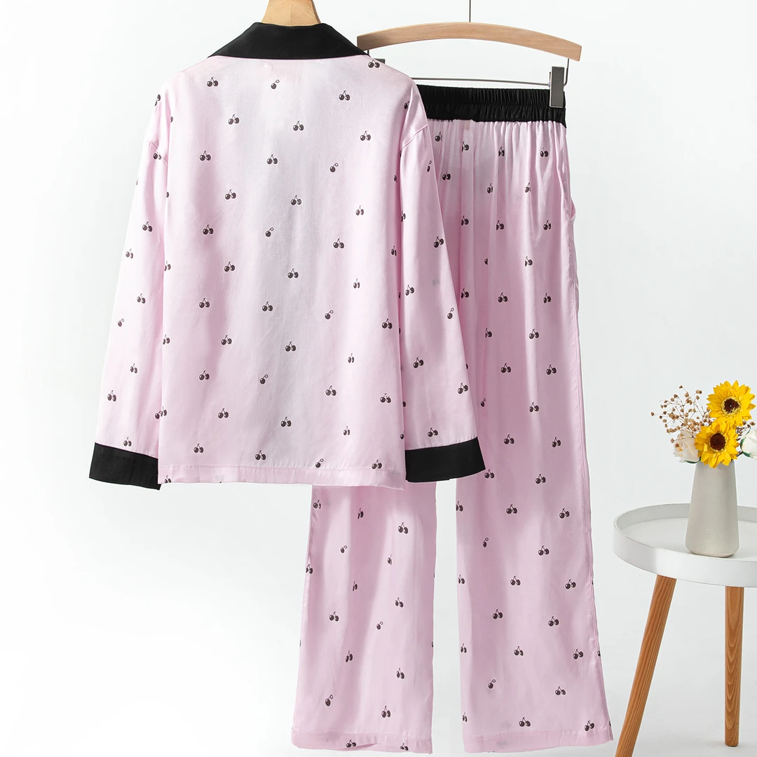 天丝夏季女士樱桃长袖长裤家居服睡衣套装