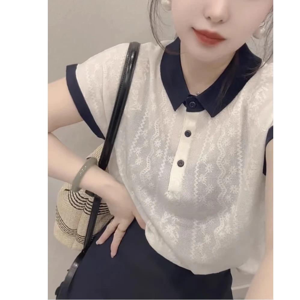 莱赛尔天丝~法式小香风夏季薄款钩花韩版时尚POLO领飞飞袖针织