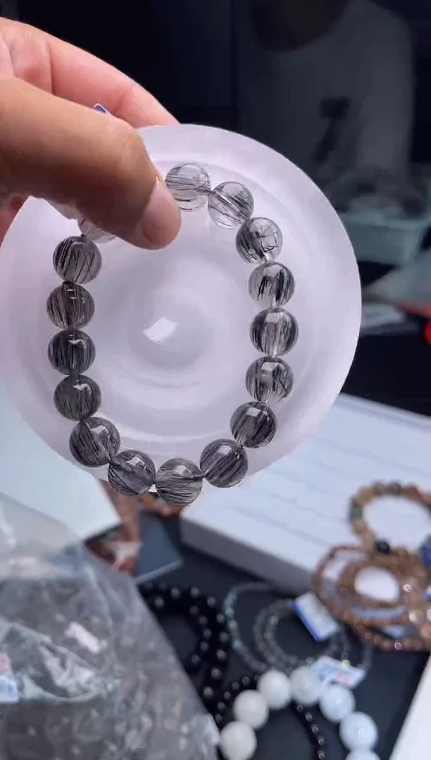 发晶手串未镶嵌L46-12mm黑顺发单圈-多样性发其一