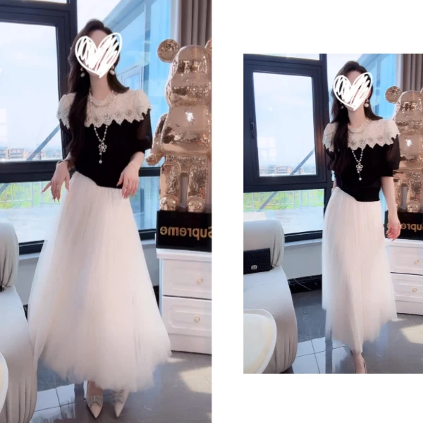 新款镂空针织时尚简约长袖套头毛衣高腰时尚百搭中长款网纱裙套装