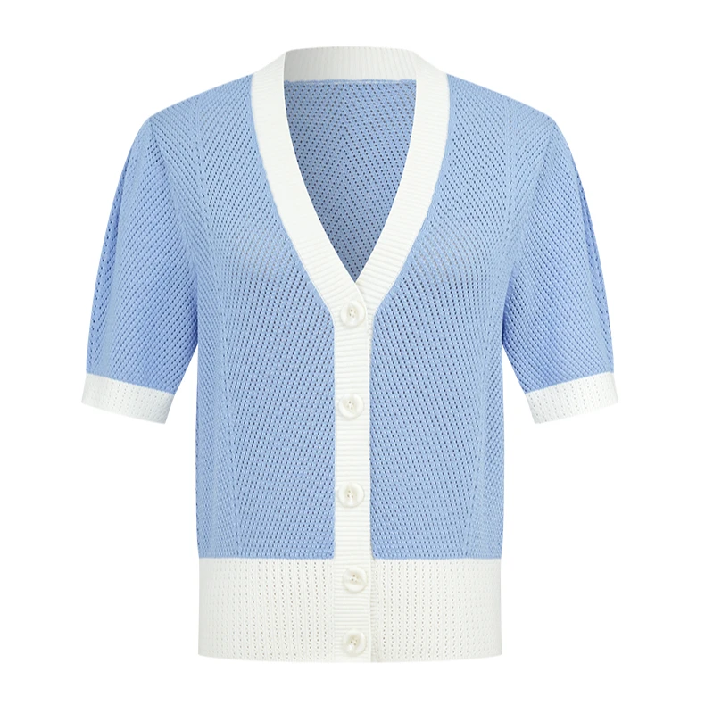 【专柜同款】曼德诗拼色v领开衫时尚休闲针织T恤上衣M731104615