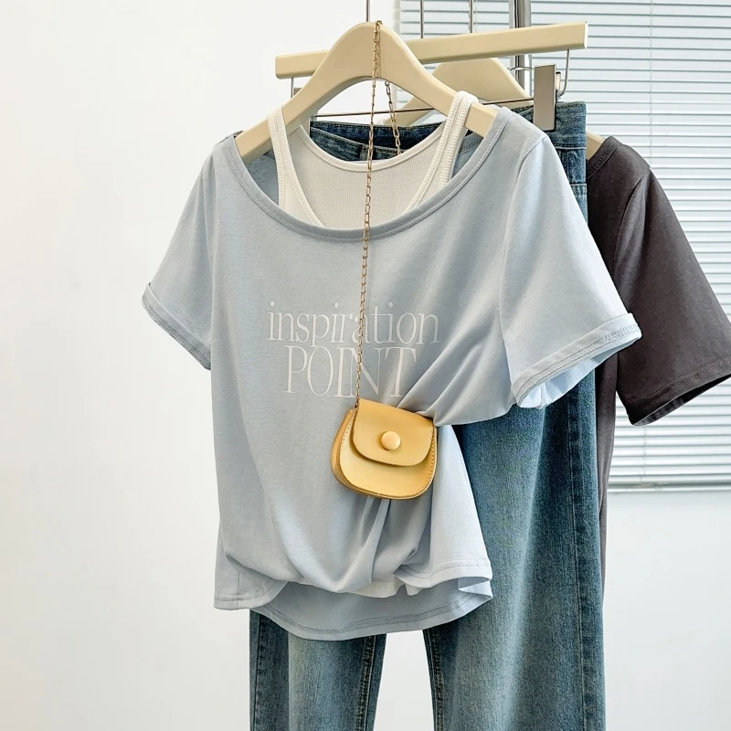 清2025夏季新款韩系气质字母印花吊带上衣拼接假两件落肩T恤64365