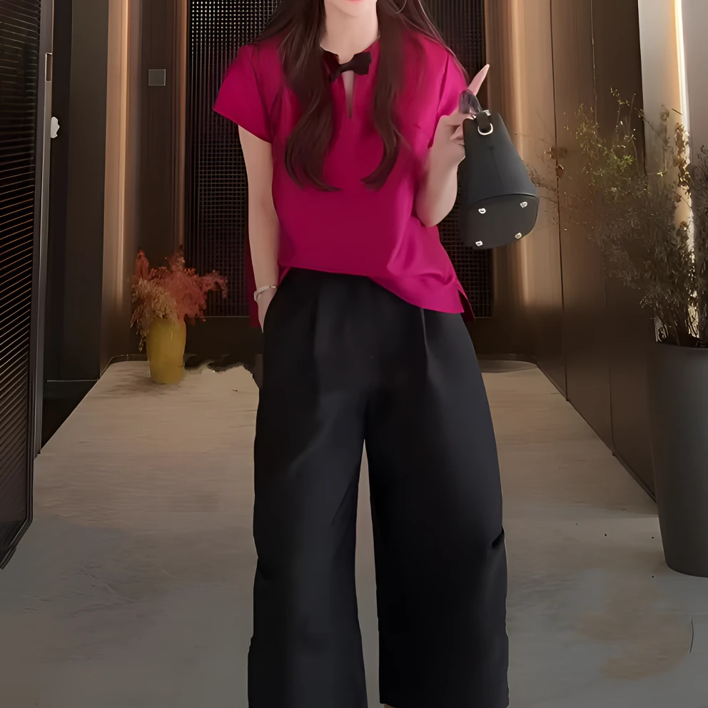 2025春季新款高级感压褶桑蚕丝裤+高级压褶三分袖轻奢T恤套装