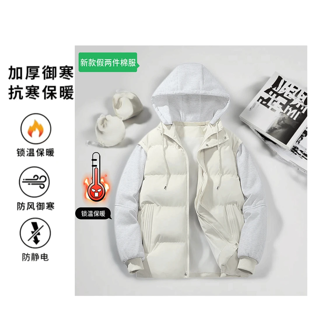 男女连帽假两件加厚御寒保暖棉服男装冬季款高级感男装