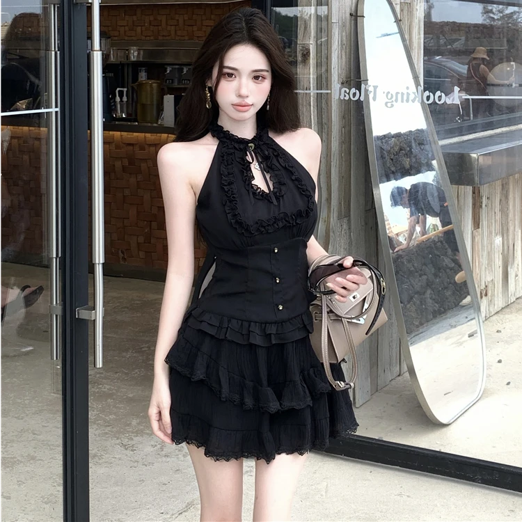 纯欲风百搭挂脖镂空荷叶边设计感修身型显瘦无袖女士夏季薄款衬衫