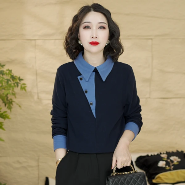 秋冬新款时尚气质纽扣翻领双面绒显瘦上衣时尚百搭遮肉打底衫