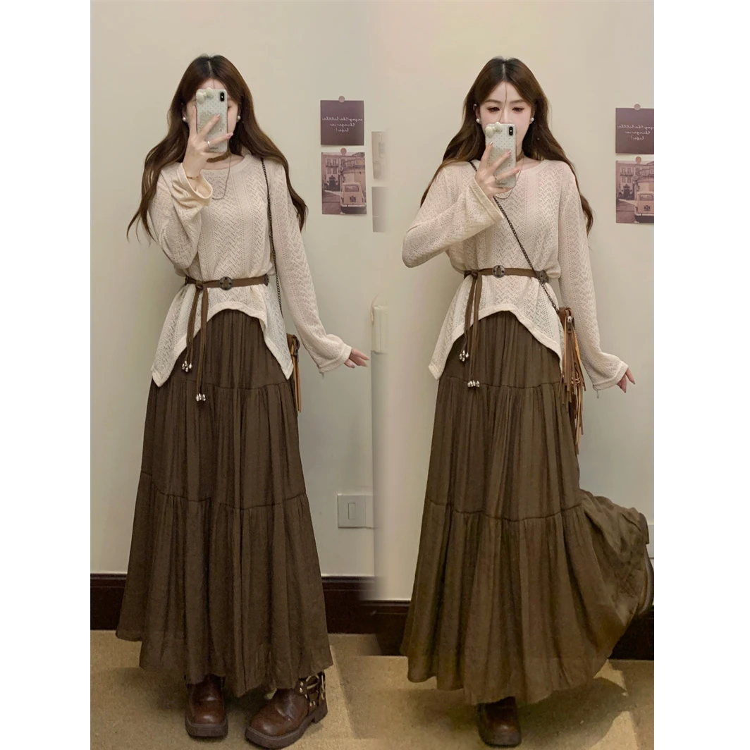 大码法式早秋季新款气质一整套ootd穿搭长袖连衣裙子女