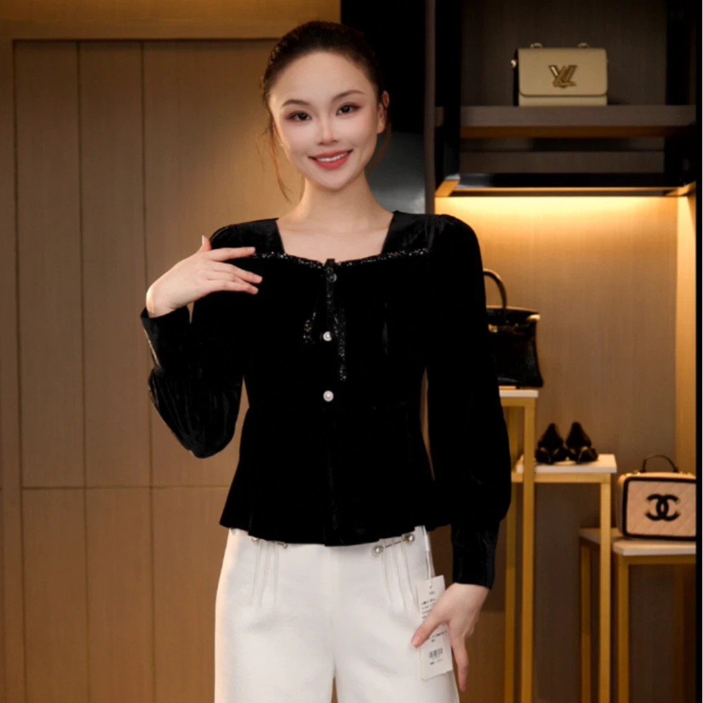 L3D1230 法式复古显瘦气质丝绒T恤上衣