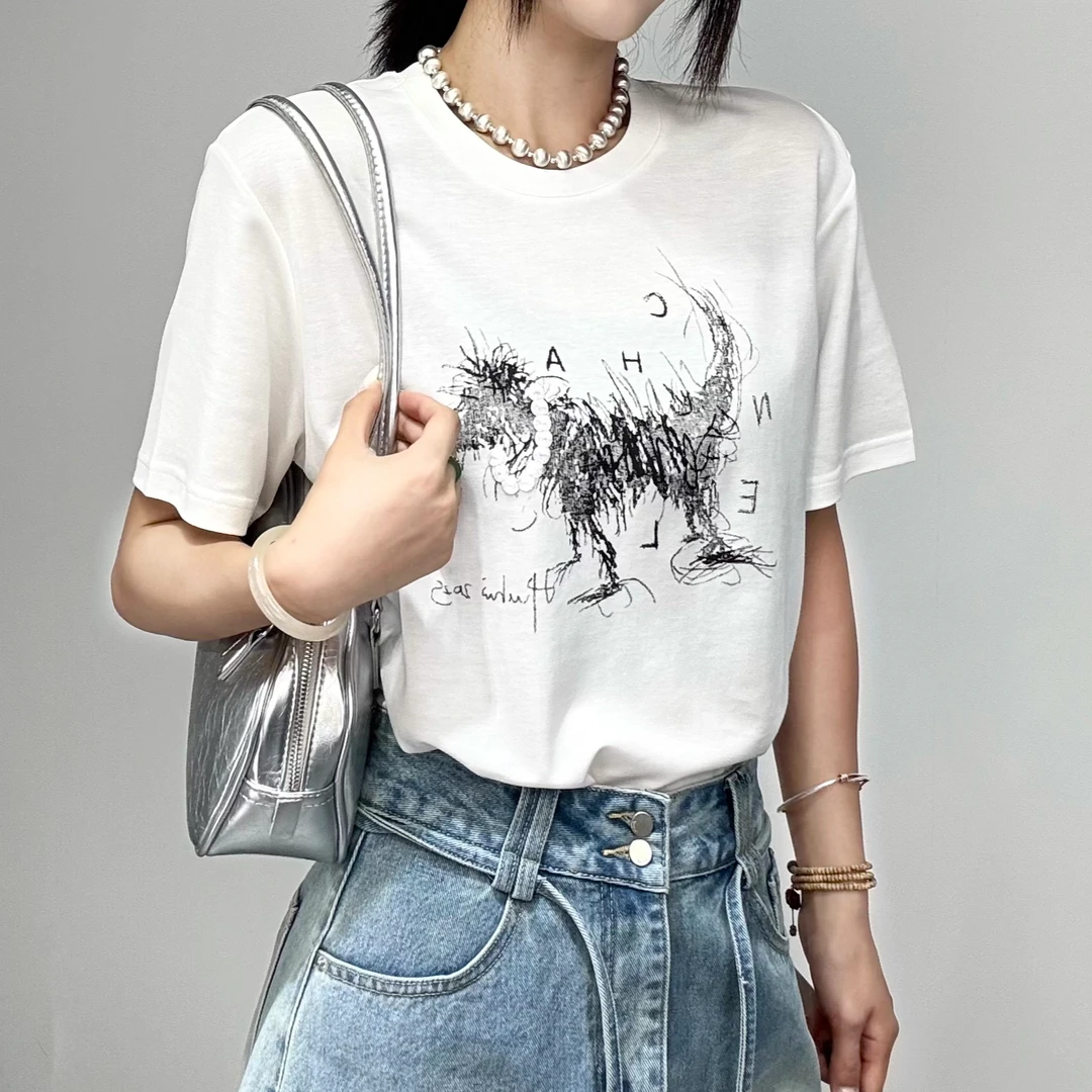 8179#2025夏新款宽松显瘦小众百搭简约休闲卡通小狗印花圆领短袖