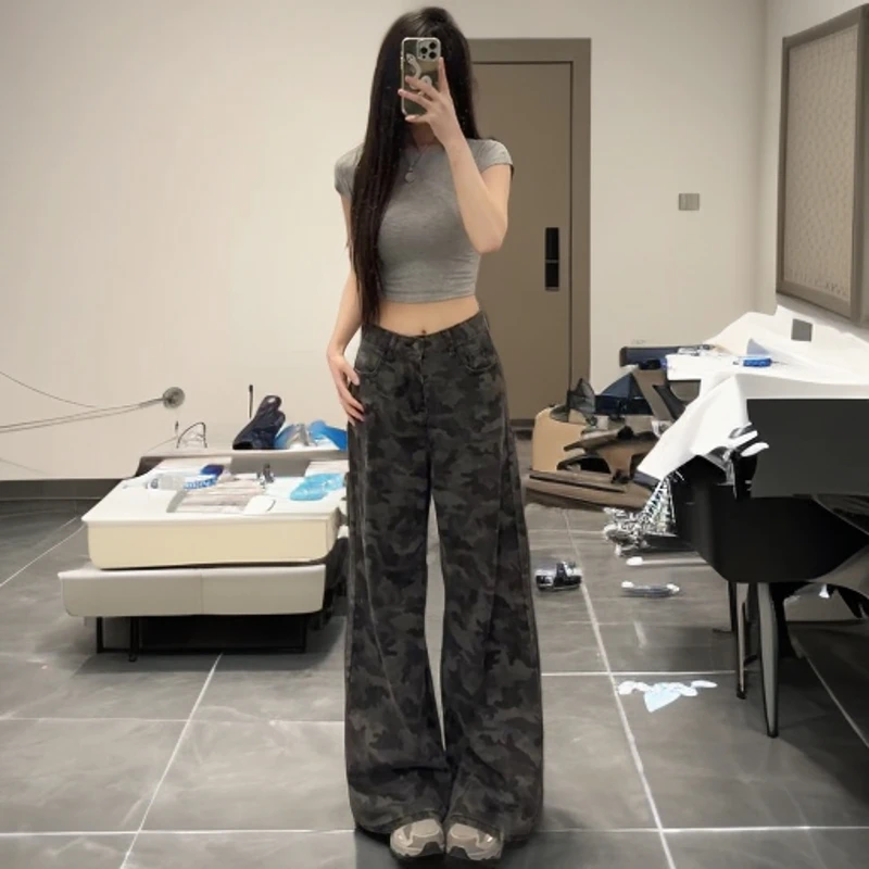 美式街头迷彩阔腿裤女2025秋冬新款高腰宽松潮酷牛仔长裤蛮腰纪