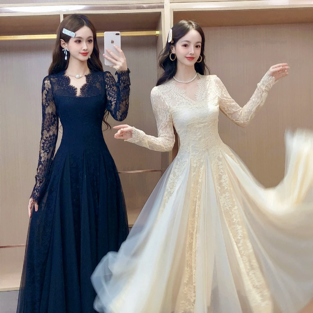 艾日秀白茶清欢2025法式名媛千金风高端轻奢V领网纱连衣裙女G0403