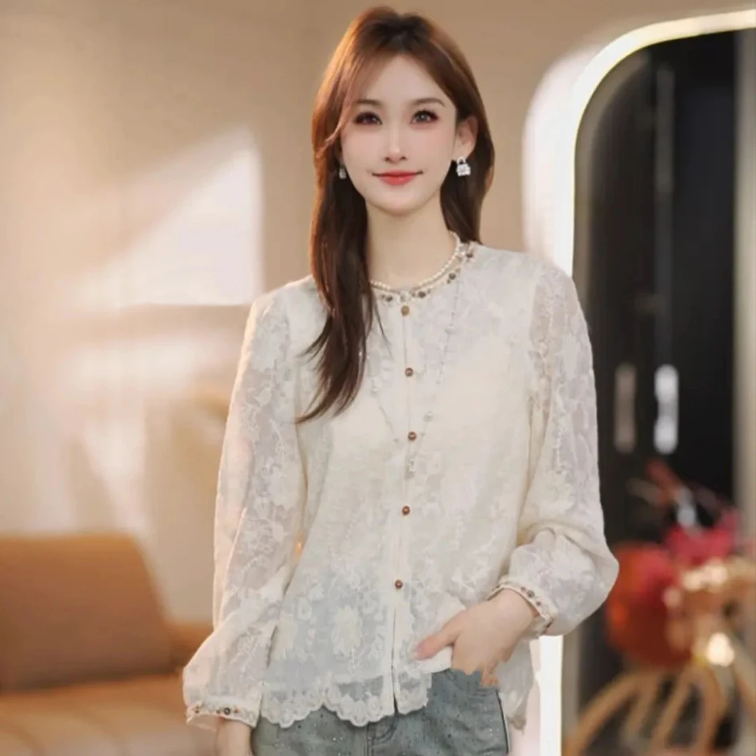 法式优雅风蕾丝刺绣镂空钉珠长袖衬衫女2025夏季洋气百搭防晒上衣