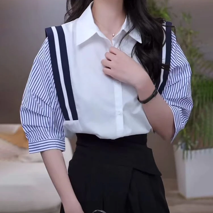 C4法式拼色撞色条纹衬衫女2025春夏新款时尚宽松中袖显瘦气质衬衣