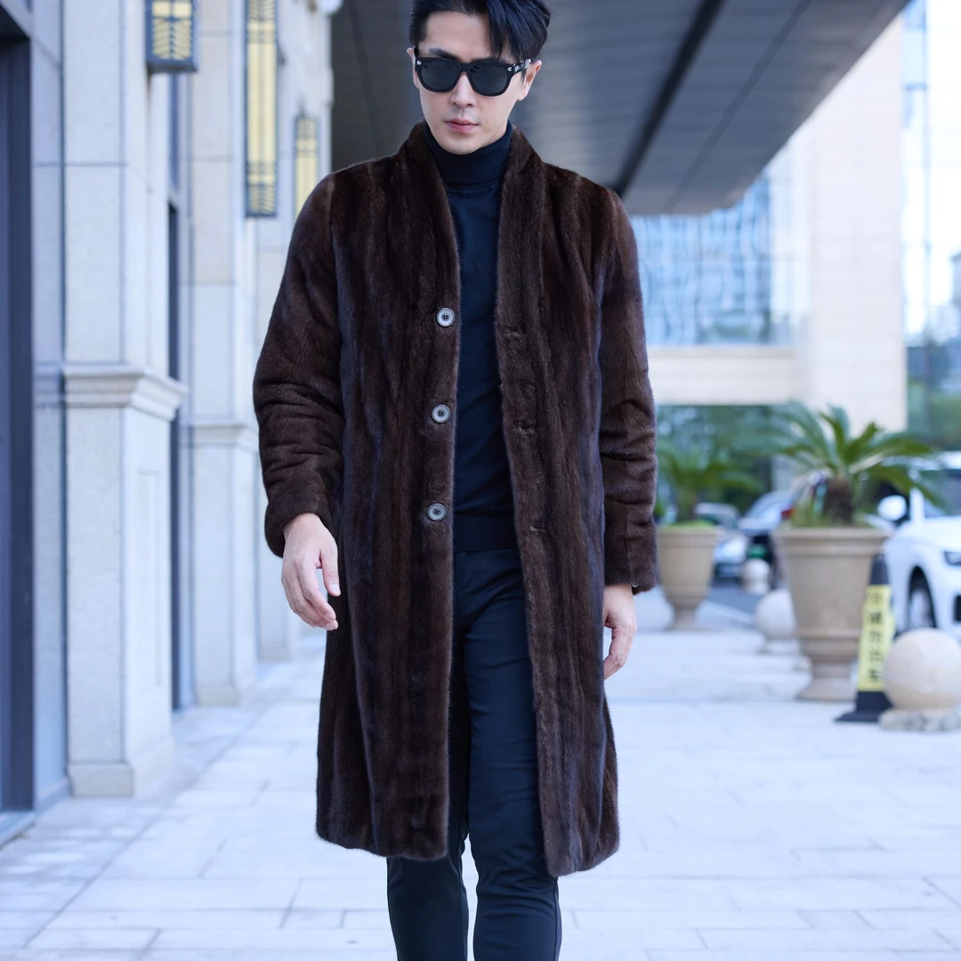 海宁皮草貂皮大衣男全抽刀大衣V领中长款25102气质大衣貂皮男装