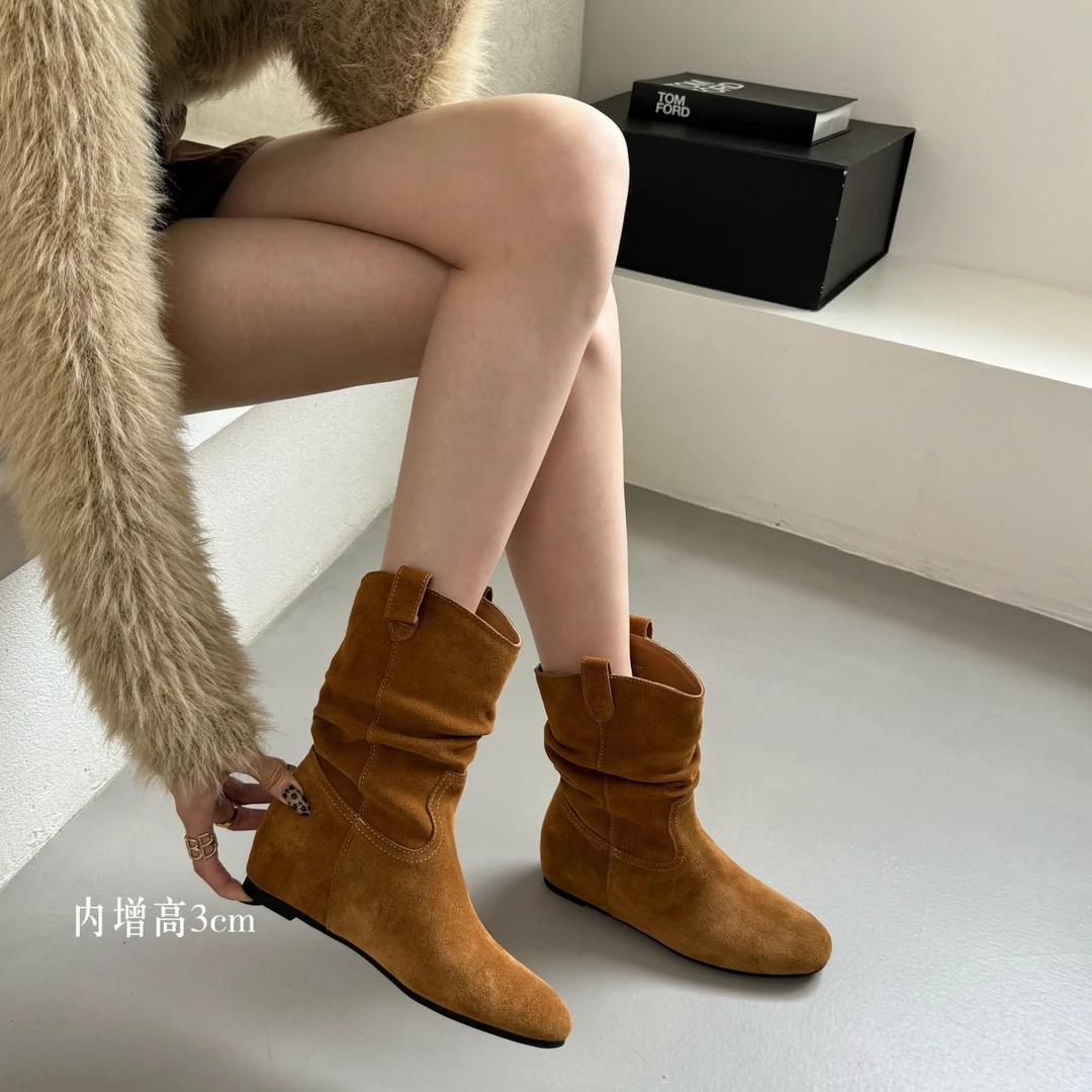 2025新款复古内增高套筒切尔西部牛仔靴高级感舒适平底褶皱马丁靴