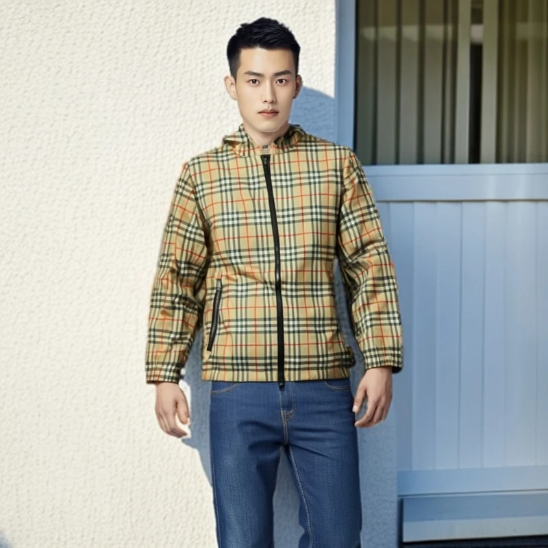 99新 BURBERRY/博柏利 12014979 格纹连帽冲锋衣外套 卡其色 8码