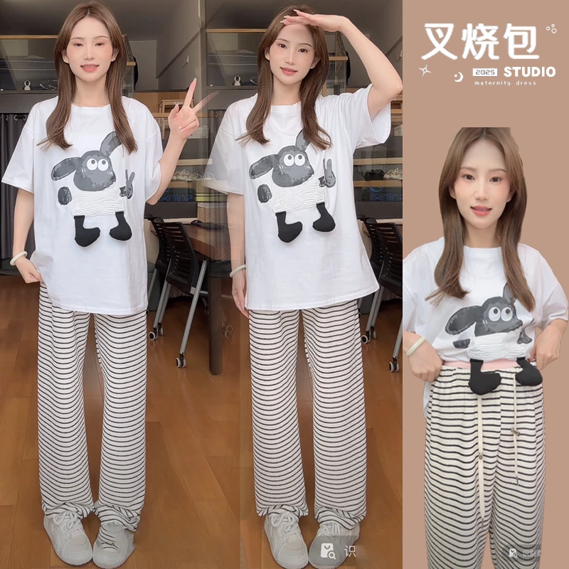 2025年休闲小羊T恤卡通孕妇上衣宽松百搭+阔腿裤可穿抽绳直筒套装