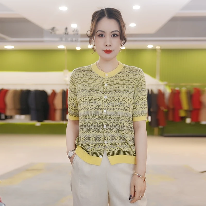 【香嘉怡新品】XJYE3637女士100莱赛尔圆领开衫几何花纹夏季显瘦