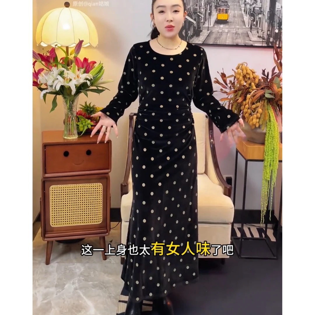 2025新款欧货时尚御姐范微胖波点修身气质显瘦大码连衣裙25213