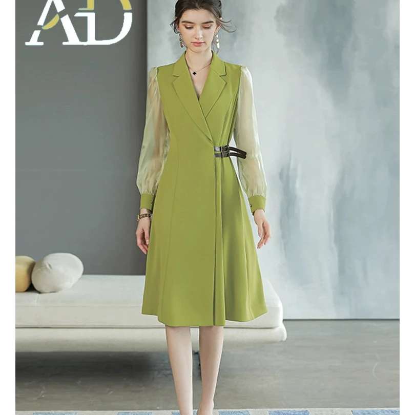 Q729香草绿色西装连衣裙女秋季时尚气质A字裙大摆裙收腰显瘦A