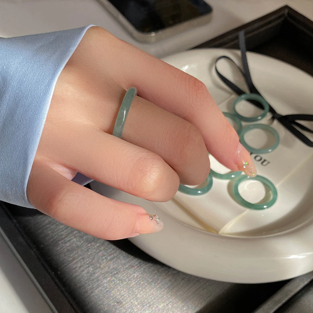 天然蓝水翡翠戒指女指环古风食指戒素圈戒指轻奢小众高级冷淡风