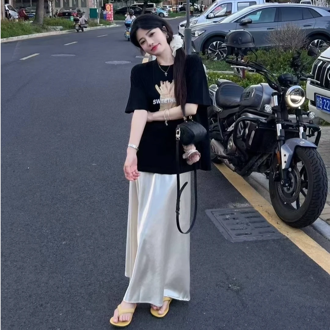 2025夏季新款韩版时尚百搭圆领薯条印花短袖T恤+高腰半身裙套装女