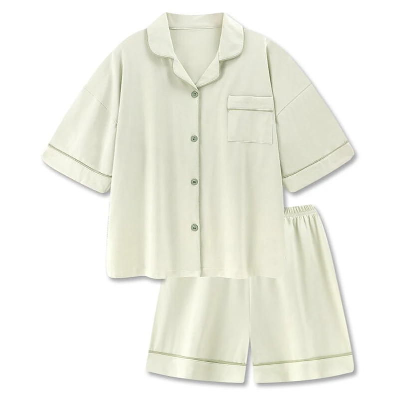 女士睡衣简约纯色大气夏季2025新款100%纯棉短袖可外穿家居服套装