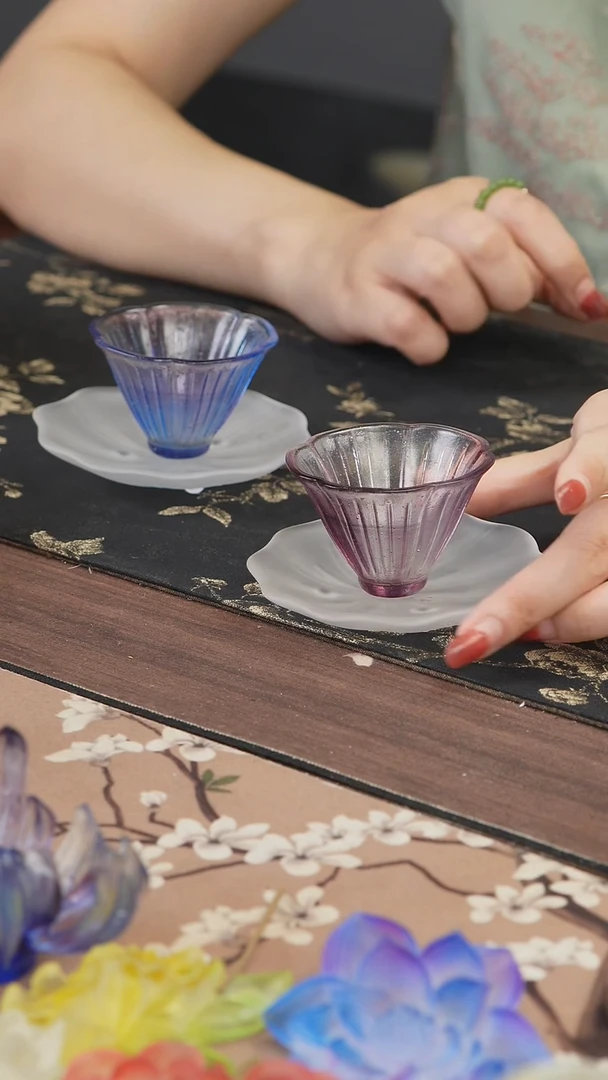 手工艺品琉璃紫色花朵斗笠杯