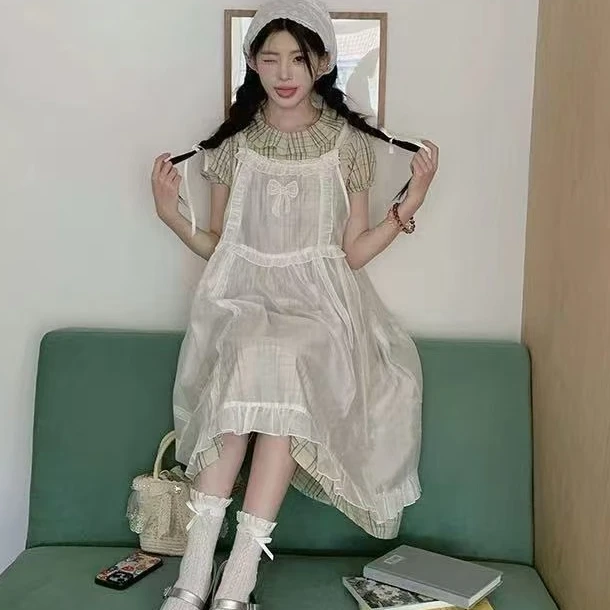 新款夏季新款2025连衣裙背带裙套装百搭复古气质韩版拼接显瘦宽松
