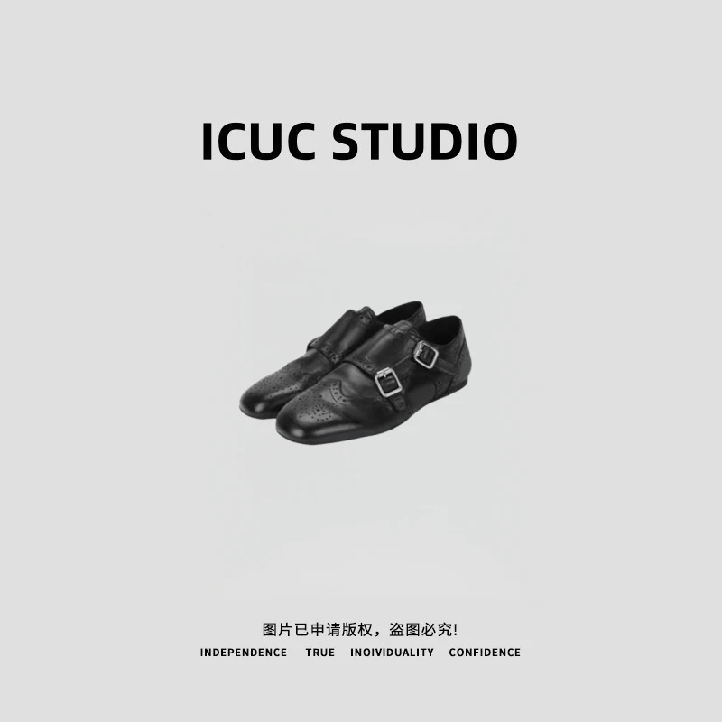 ICUC STUDIO-【布洛克手工小牛皮鞋】早春新款英伦风双扣单鞋2506-1