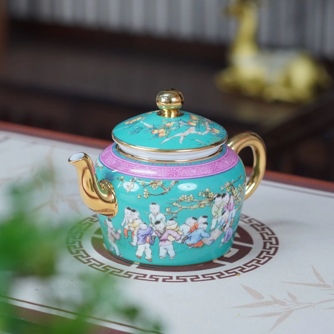 景德镇手工高档茶器珐琅彩人物童子万花大容量茶壶带过滤高端礼品