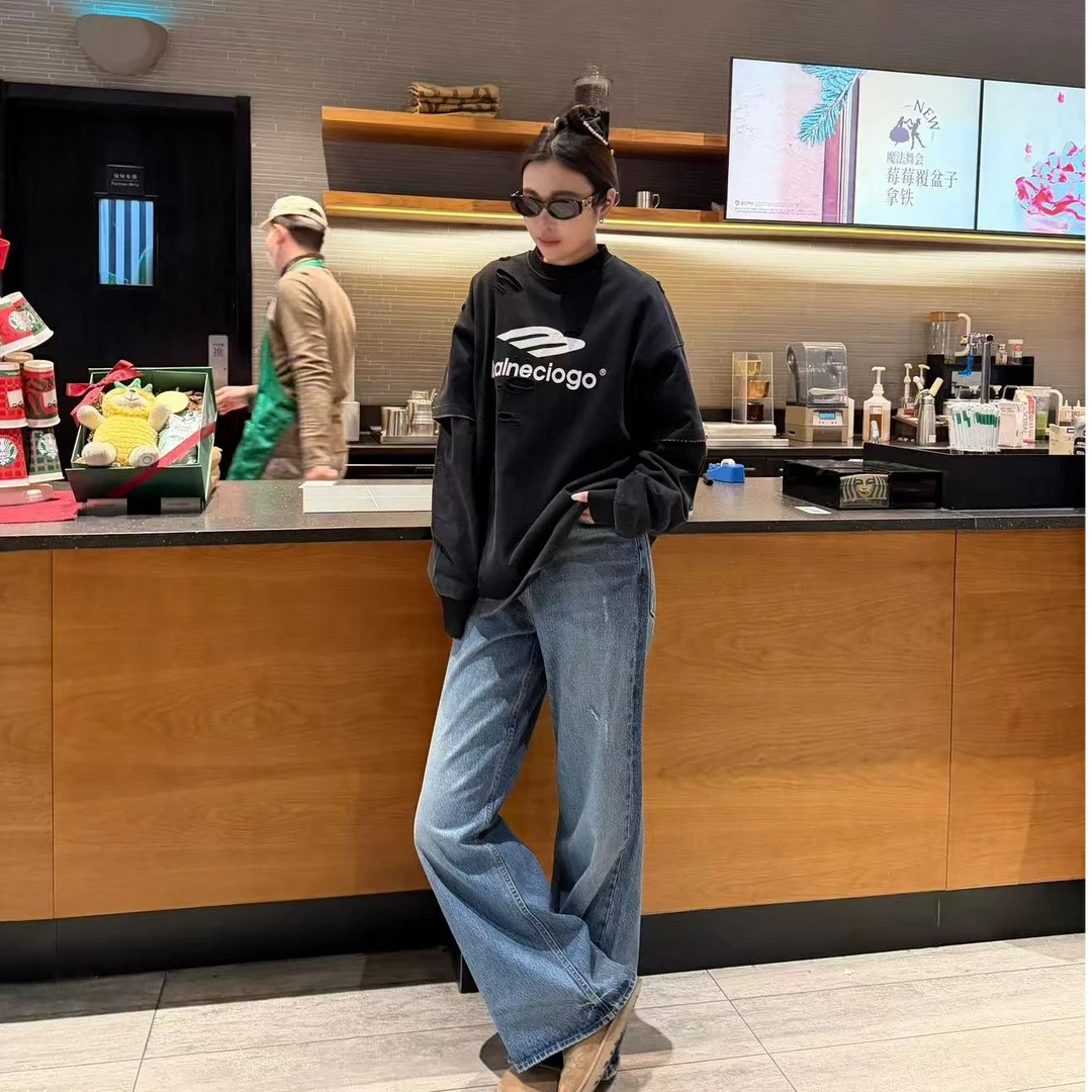 宽松休闲【大E印花“真”两件长袖T恤】D28404