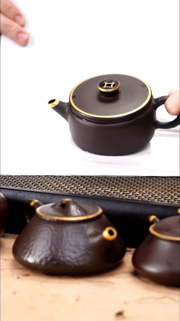 茶壶紫砂四号井茄皮紫泥描金钱币钮汉瓦150cc