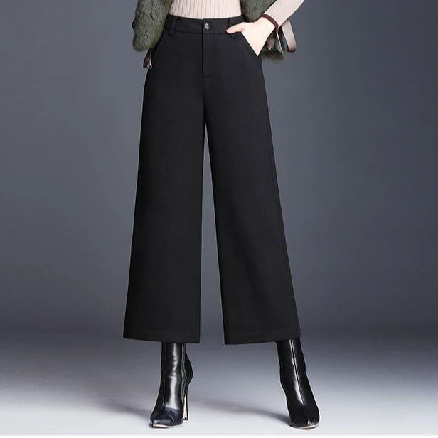 毛呢马丁靴裤子搭配女秋冬季小个子阔腿裤加绒九分休闲直筒裤