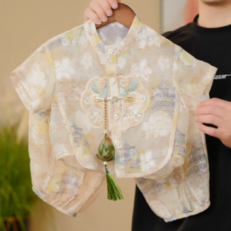 【珍宝推荐】男童中国风汉服唐装气质印花小众套装夏装宝宝周岁礼服