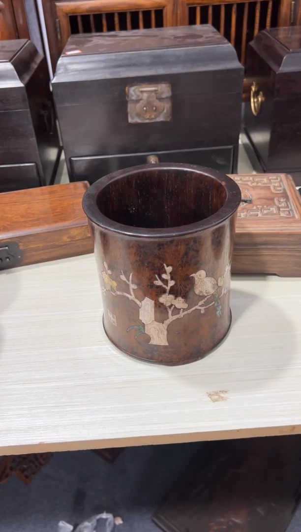 木青*木黄 花梨木螺钿镶嵌笔筒直径16