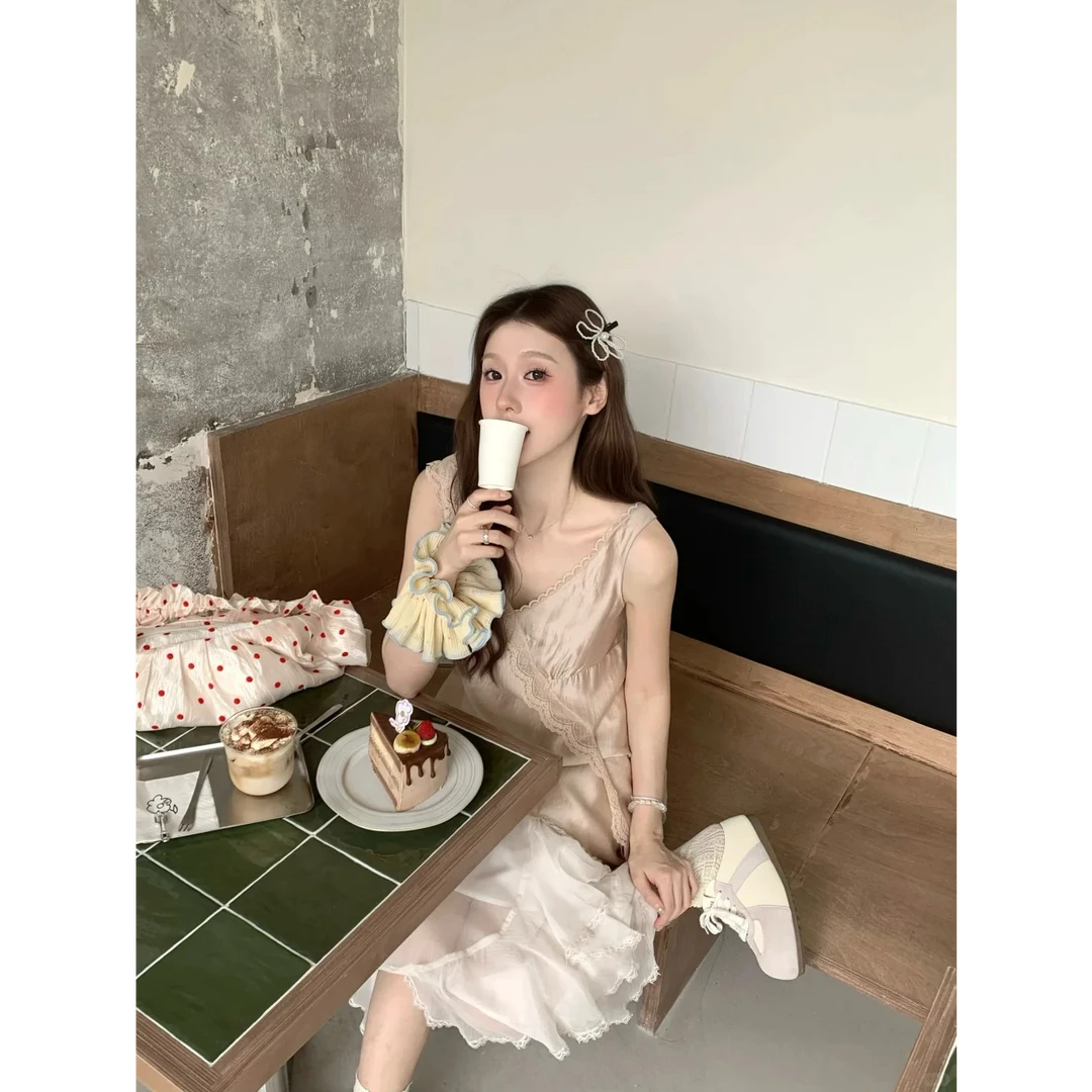 法式时尚气质藕粉色蕾丝花边背心连衣裙女配叠穿不规则蕾丝半身裙