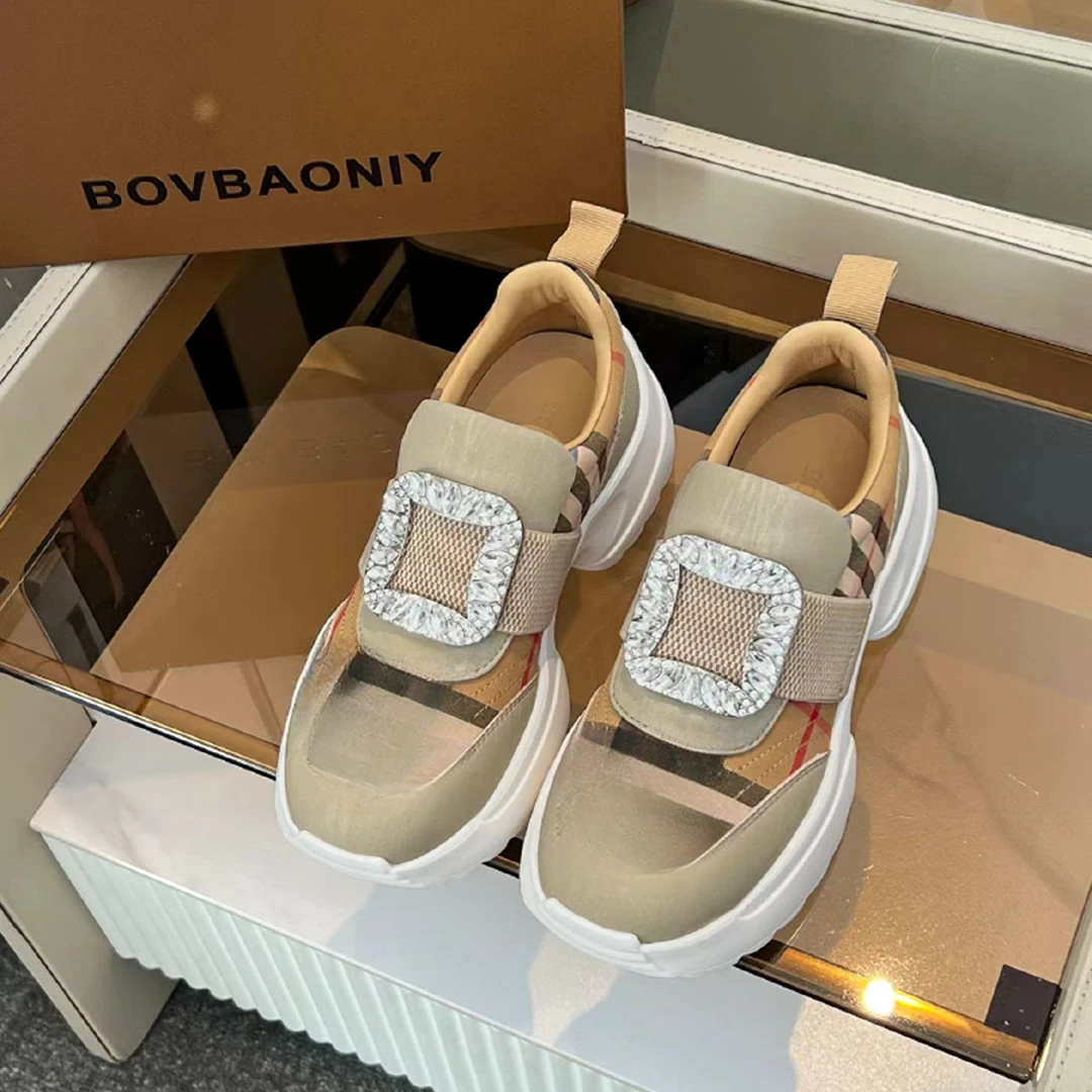 2026早春新款深口鞋真皮配水钻松紧一脚蹬休闲款厚底轻便舒适女鞋