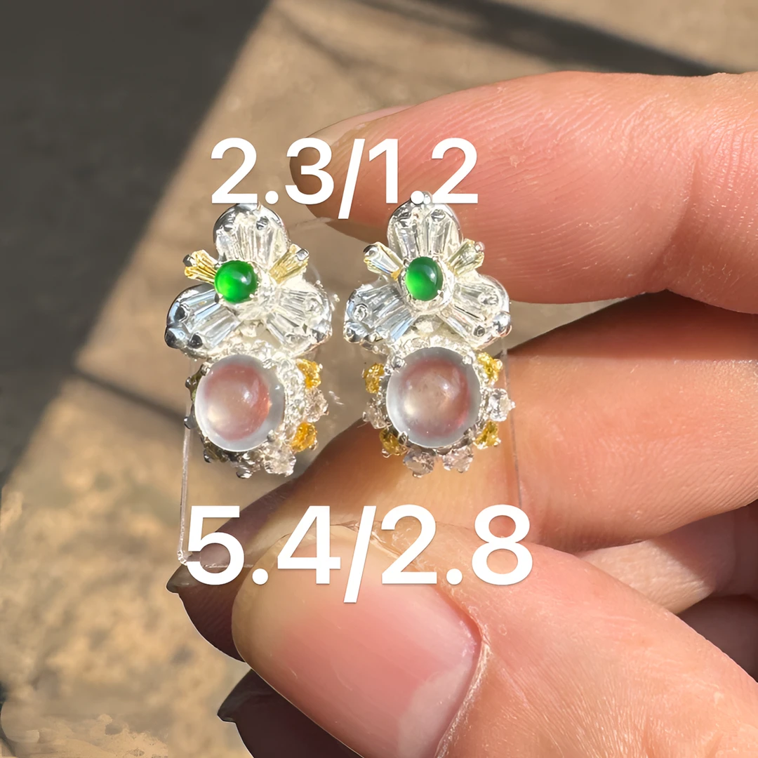 0216(小哪吒在源头)高冰种翡翠正圆白冰耳钉饱满杠味荧光足M30