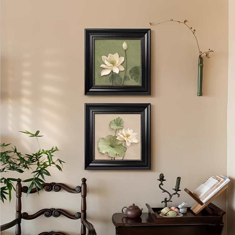 中古风玄关走廊壁画过道装饰荷花餐厅边柜壁画客厅背景挂画两联