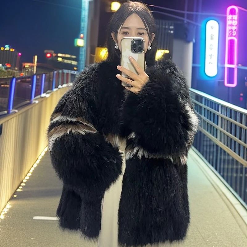 狐狸毛双面编织皮草时尚女款外套加密加厚毛毛款设计师秋冬黑色