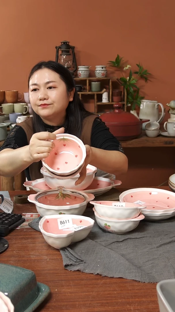 陶瓷B615陶瓷粉色饭碗两件套微瑕