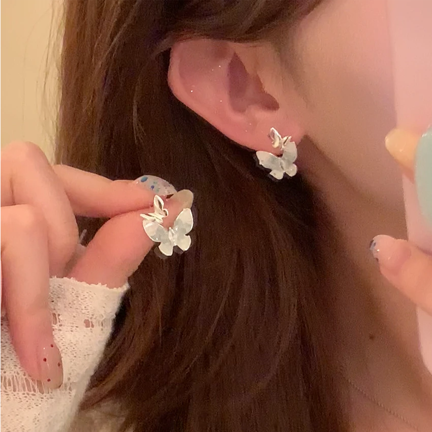 铜合金锆石耳饰 春夏轻奢小众碎冰蓝蝴蝶耳环女气质超仙耳钉耳饰