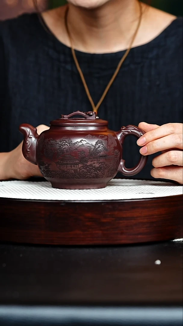 茶壶紫砂宜兴紫砂 如意 石红 梅付春