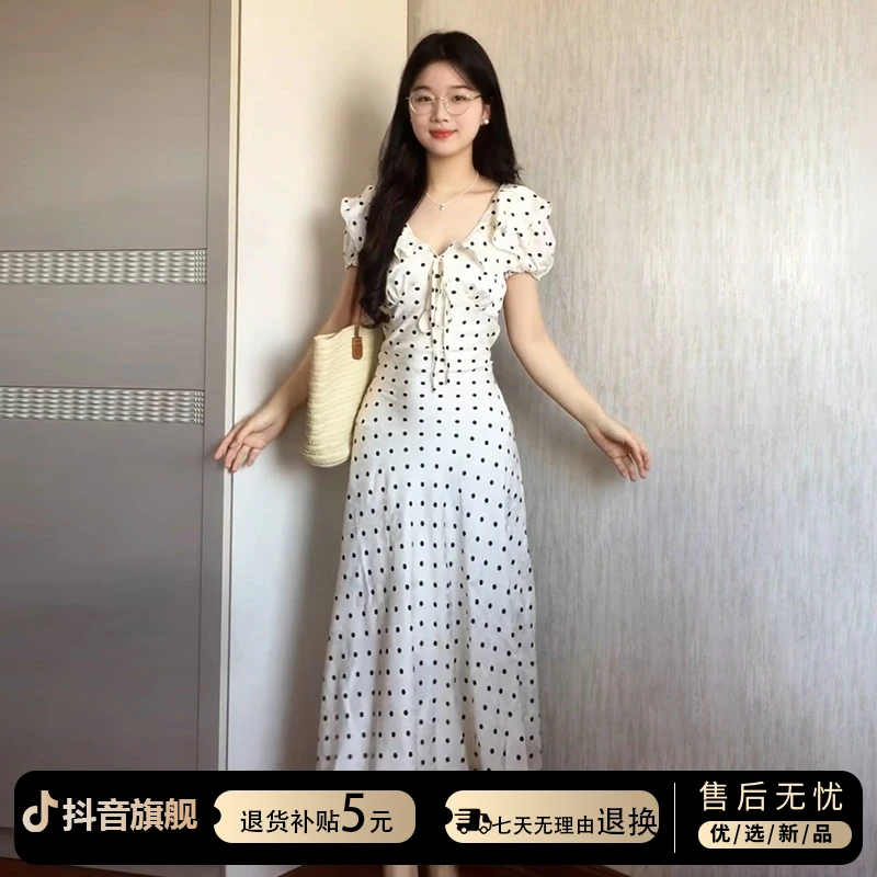 法式白色波点v领连衣裙子女夏季2025高级感气质收腰显瘦包臀长裙