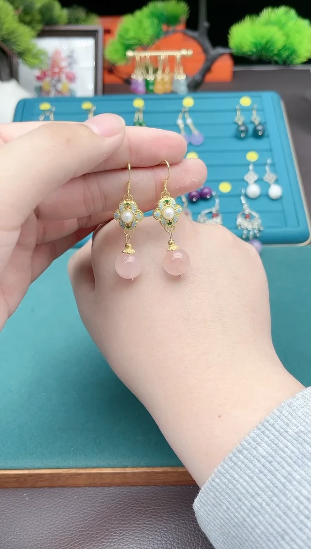 【闪购商品】水晶耳饰银S925镶嵌国风粉水晶