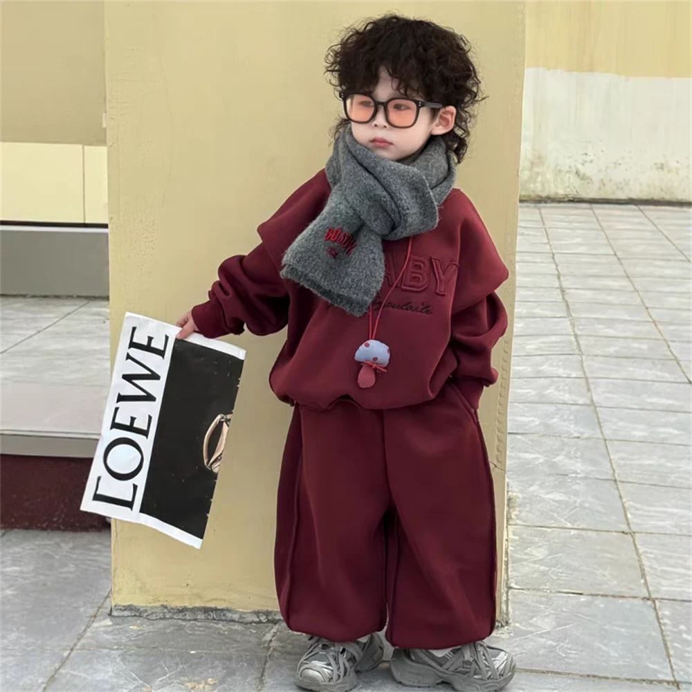 男童帅气卫衣两件套秋冬装儿童字母贴布宽松套头加绒上衣裤子套装