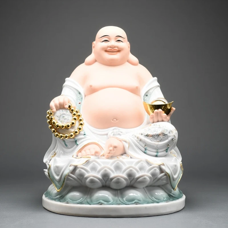 新款汉白玉仿瓷弥勒佛大肚笑佛莲花弥勒佛家用供奉摆件精工