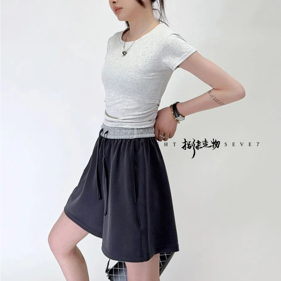 012【夏季新款】纯色宽松腰头拼色百搭休闲短裤（BQ967）