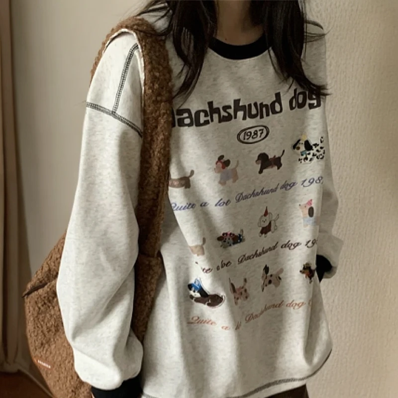 新款韩系卡通撞色腊肠狗卫衣圆领休闲上衣